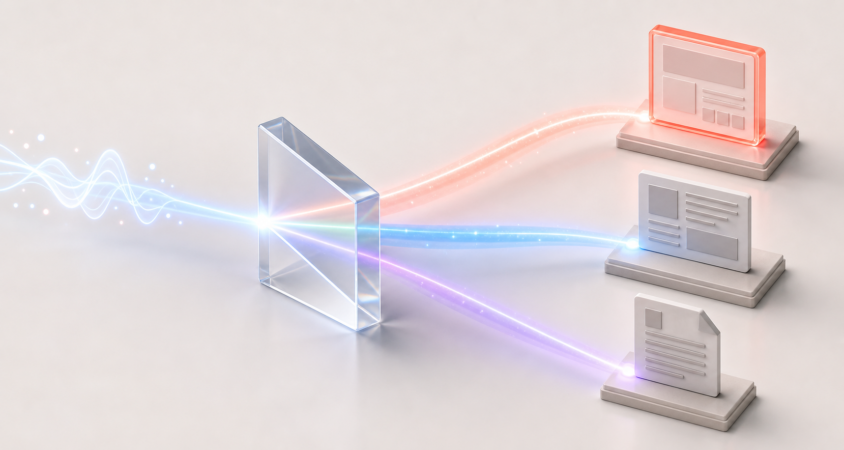 A glowing inquiry passes through a prism and branches toward three different source documents, with each path representing a different citation outcome.