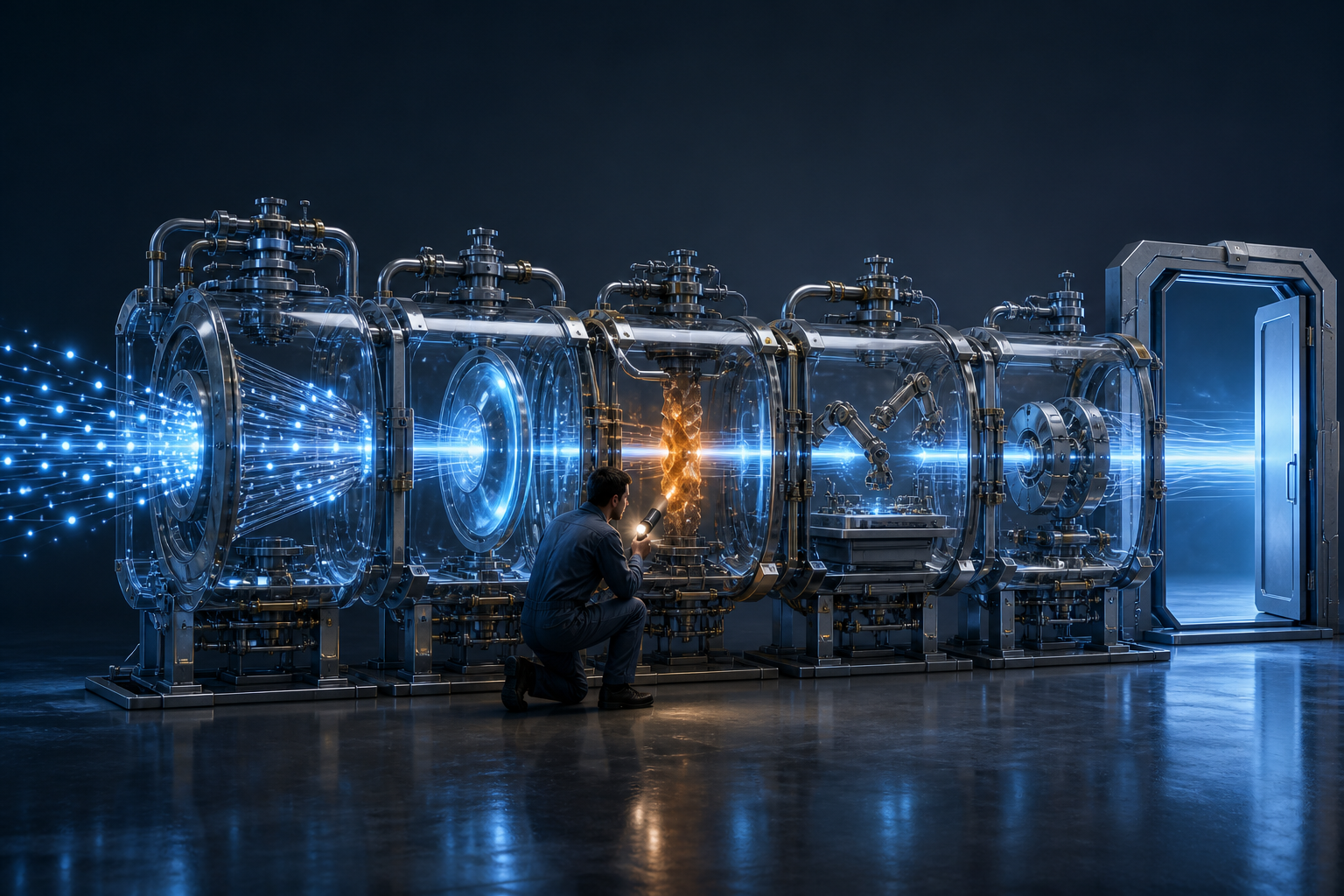 A technician examines a blockage inside one chamber of a transparent multi-stage pathway carrying streams of light.