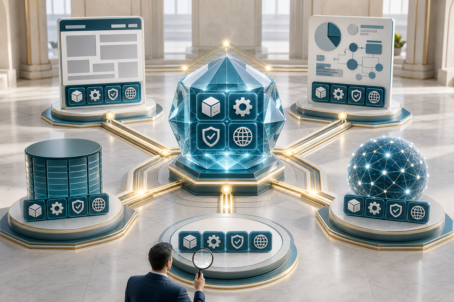 A central knowledge core sends consistent product and policy information to web pages, documents, an AI system, and a human reviewer.