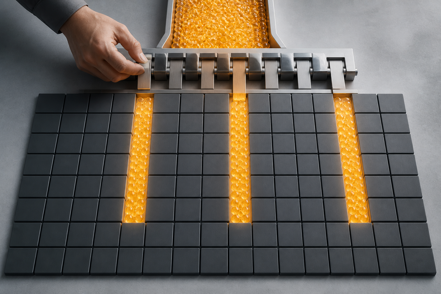 A hand adjusts a scheduling gate above a blank calendar grid where glowing budget tokens are concentrated into only a few active tiles.