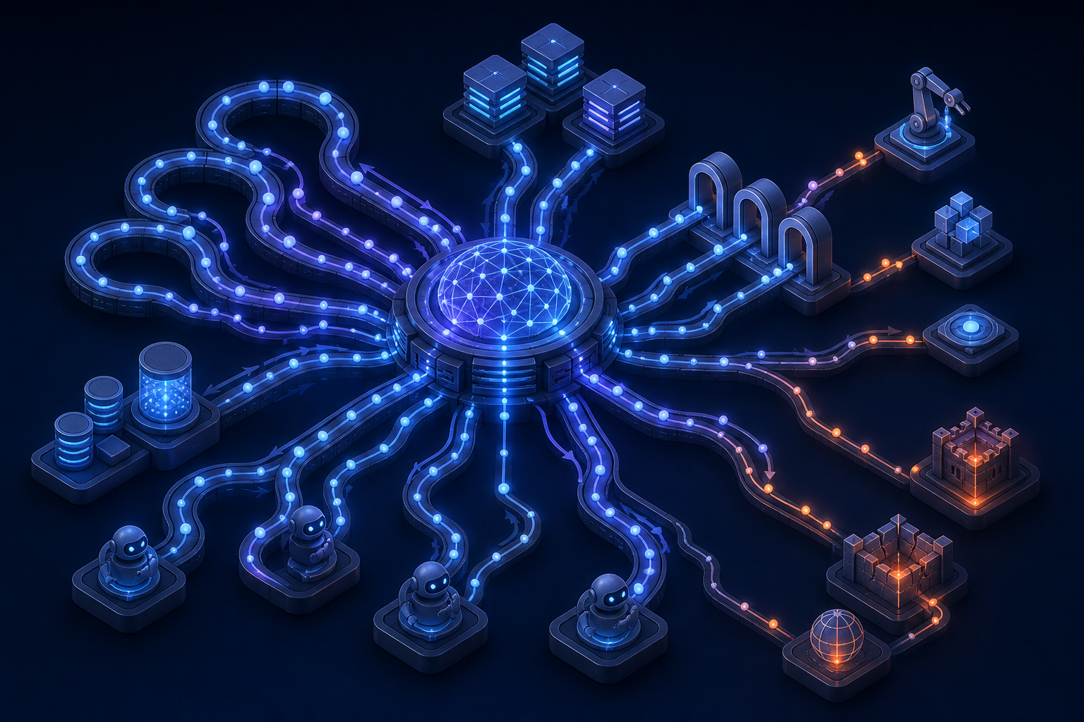 An isometric AI network branches into retry loops, fallback nodes, tools, memory, and agent pathways carrying repeated request signals.