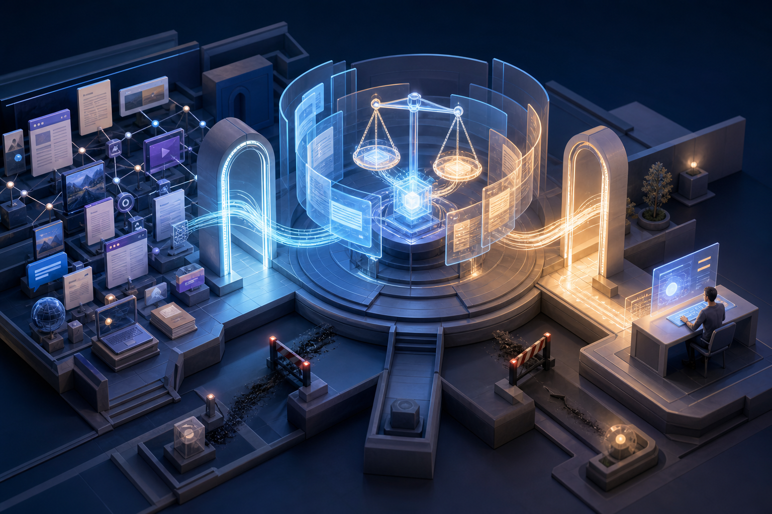 An isometric scene shows source materials passing through a retrieval gateway and an AI evaluation chamber before reaching a user action terminal.