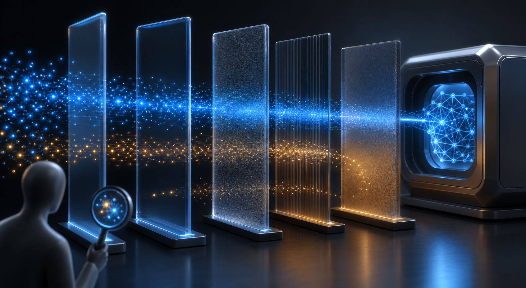 An analyst examines anonymous data signals passing through transparent consent gates toward an unbranded optimization engine, with some signals blocked or fading.