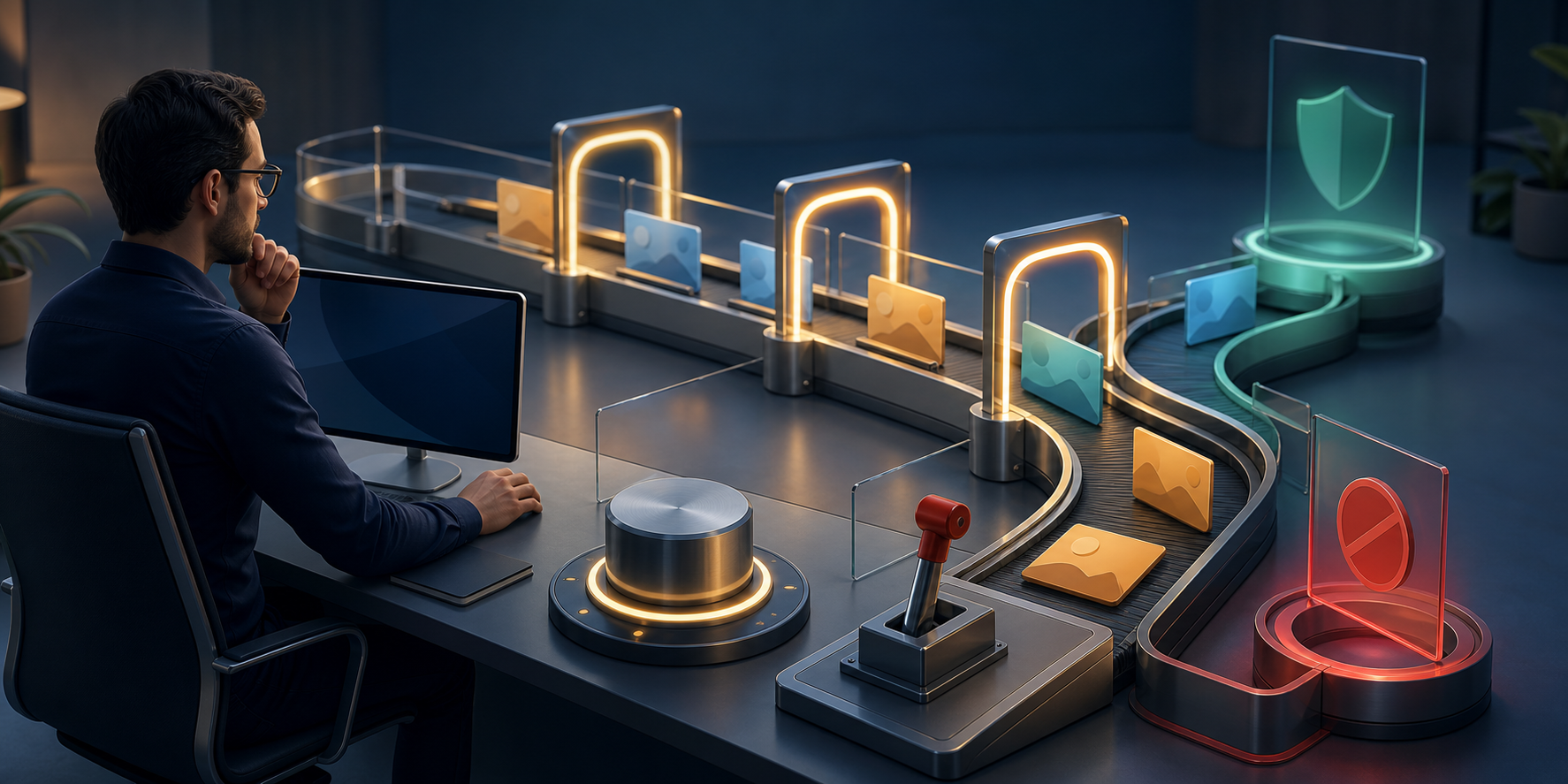 A marketing strategist oversees an automated system that routes abstract advertising tiles through checkpoints and budget controls.