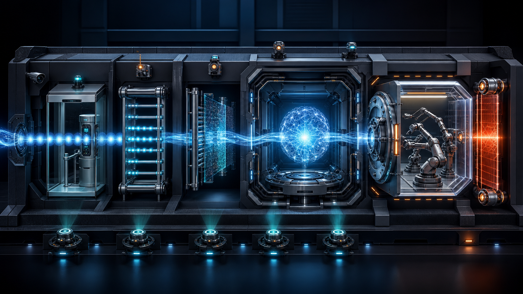 A request signal passes through layered security gates before reaching an AI core and protected tool mechanisms.