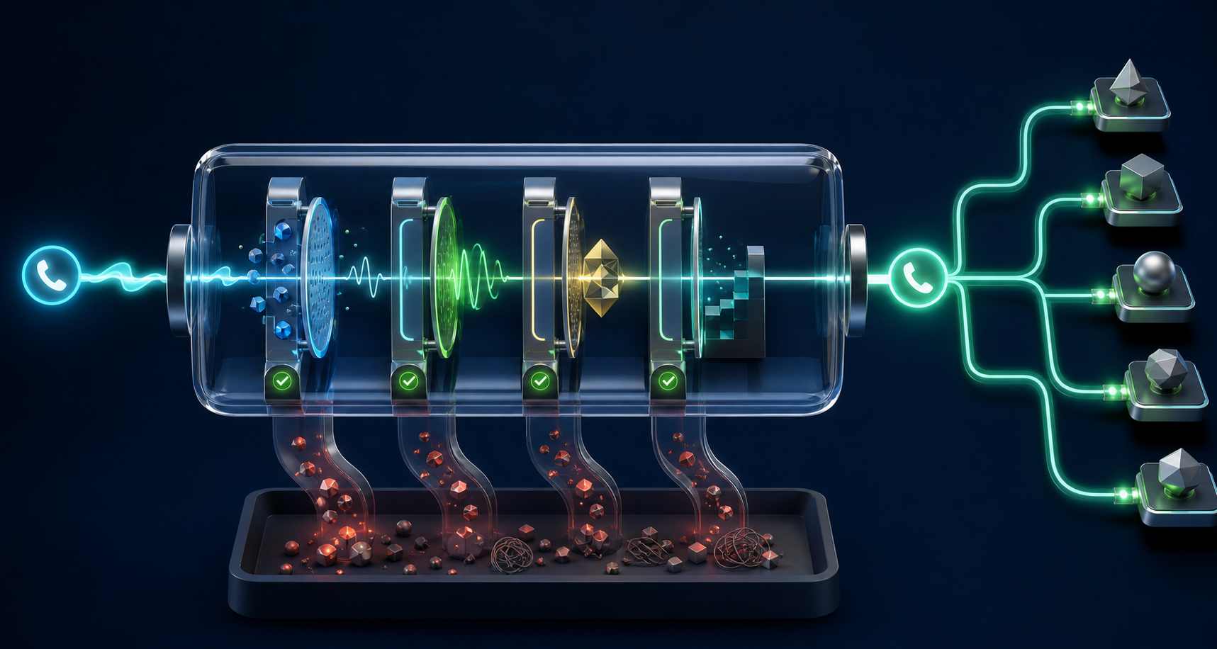 A phone-call signal passes through multiple validation checkpoints before entering a branching automated system, while noisy signals are diverted.