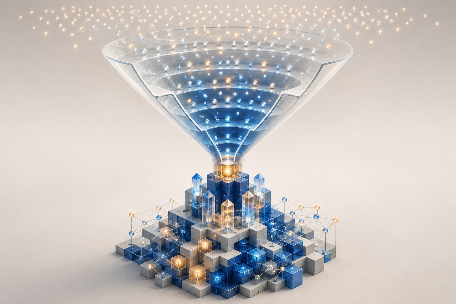 A translucent funnel points downward while connected data blocks rise from below to meet it at the center.