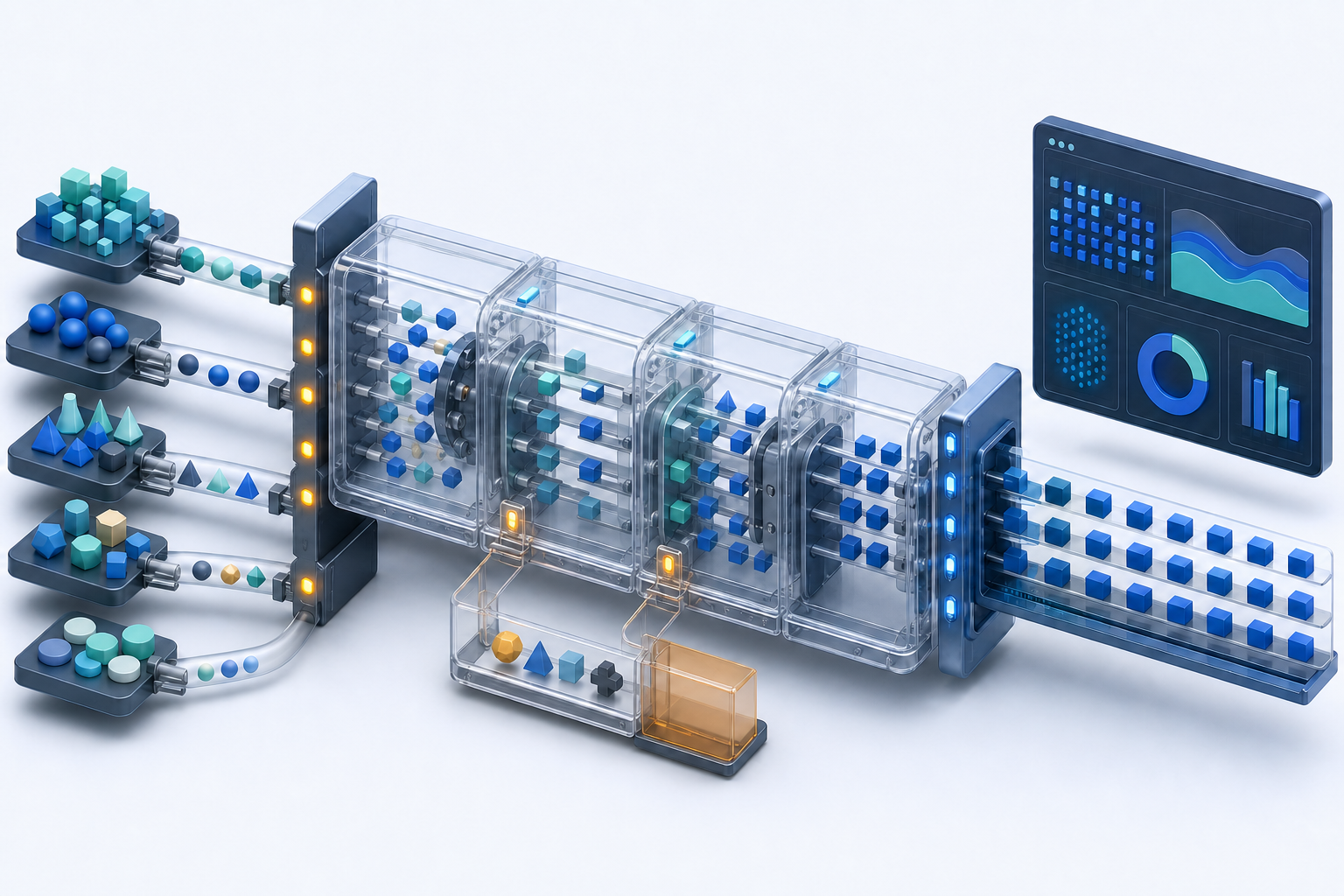 Different shapes of marketing data pass through a modular processing system and emerge as standardized units for visualization.