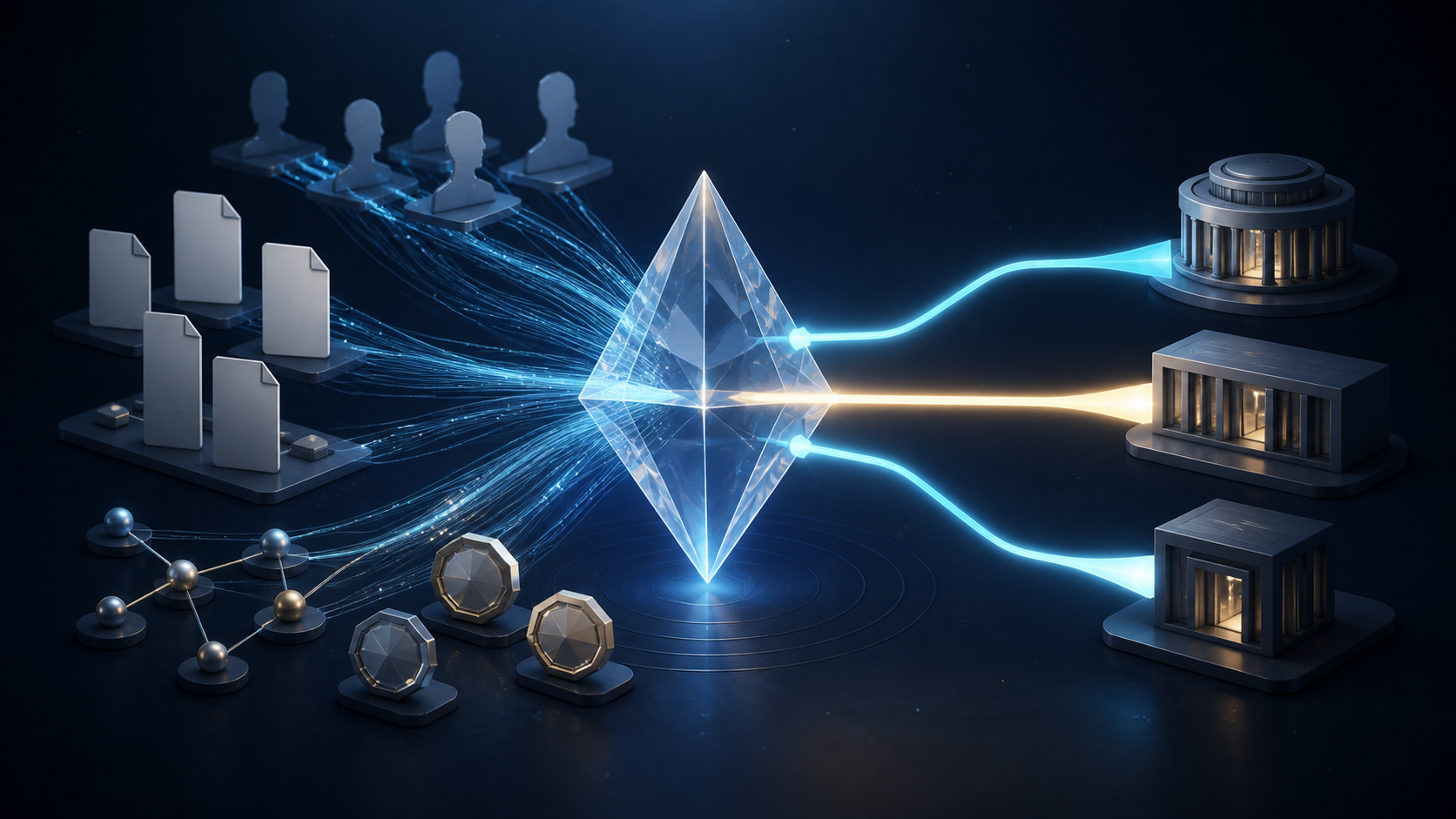 Multiple document, profile, and reference shapes send evidence into a central prism that produces several recommendation paths.