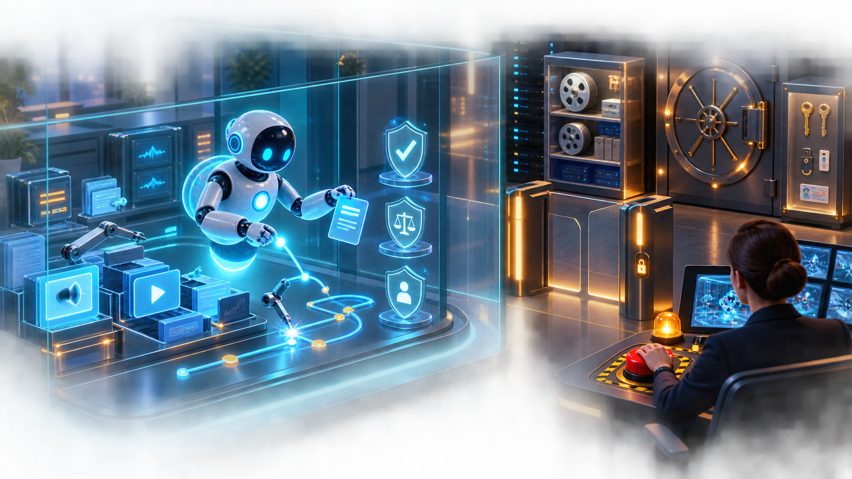 A human operator supervises a geometric AI agent working inside a transparent boundary beside locked account, recording, and security assets.