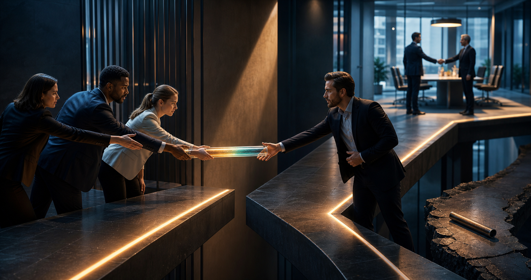 A marketing team passes a glowing customer-intent baton to a sales professional as the route continues toward a consultation and handshake.