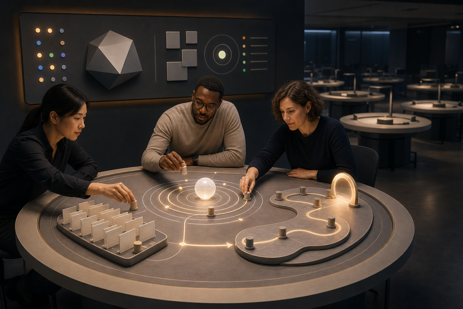 A small team tests a connected evidence, AI response, and user action workflow at a brightly lit pilot table while additional workstations remain inactive behind them.