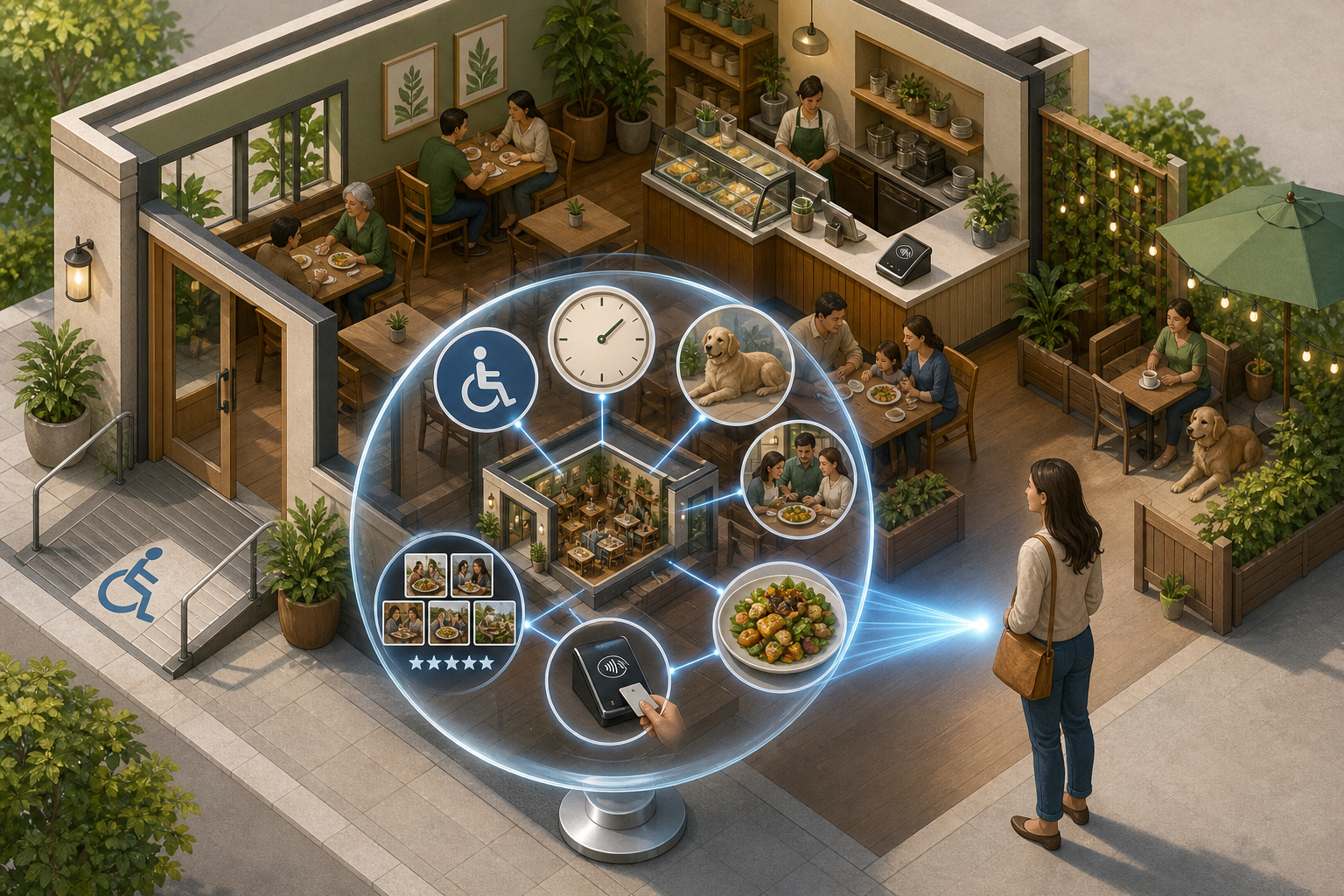 An abstract AI lens gathers visual details about a restaurant's amenities, service, atmosphere, and customer evidence to guide a recommendation.
