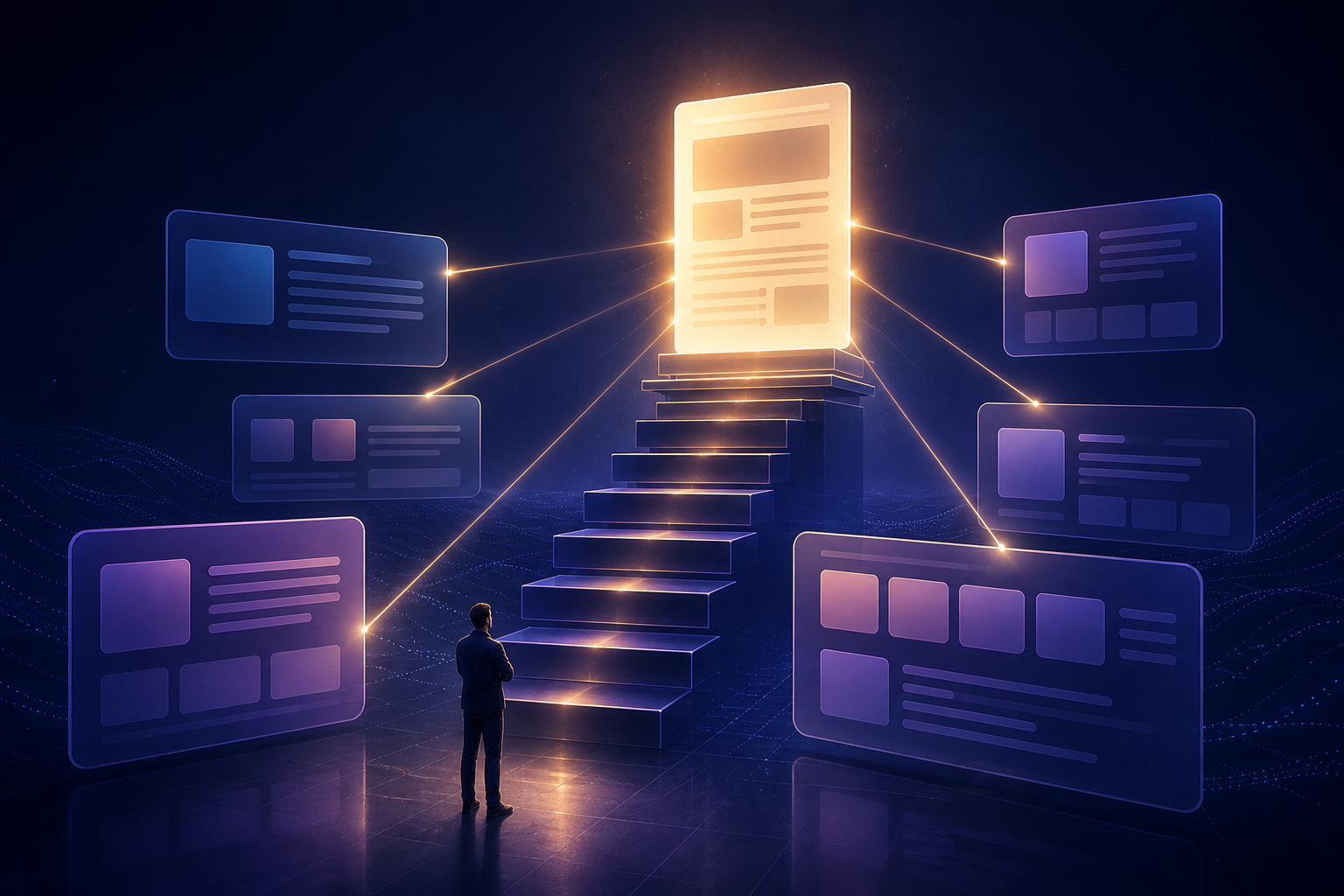 A strategist observes a glowing web page connected to multiple translucent search-result layers above a staircase of illuminated platforms.