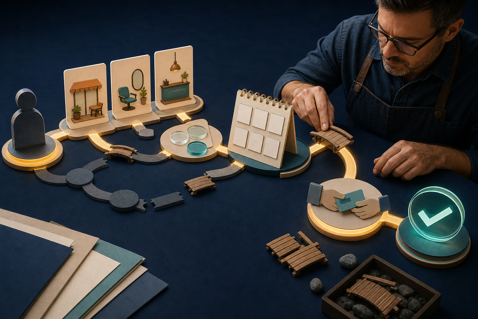 A business owner examines a visual pathway from customer intent through recommendation, comparison, scheduling, payment, and booking confirmation.