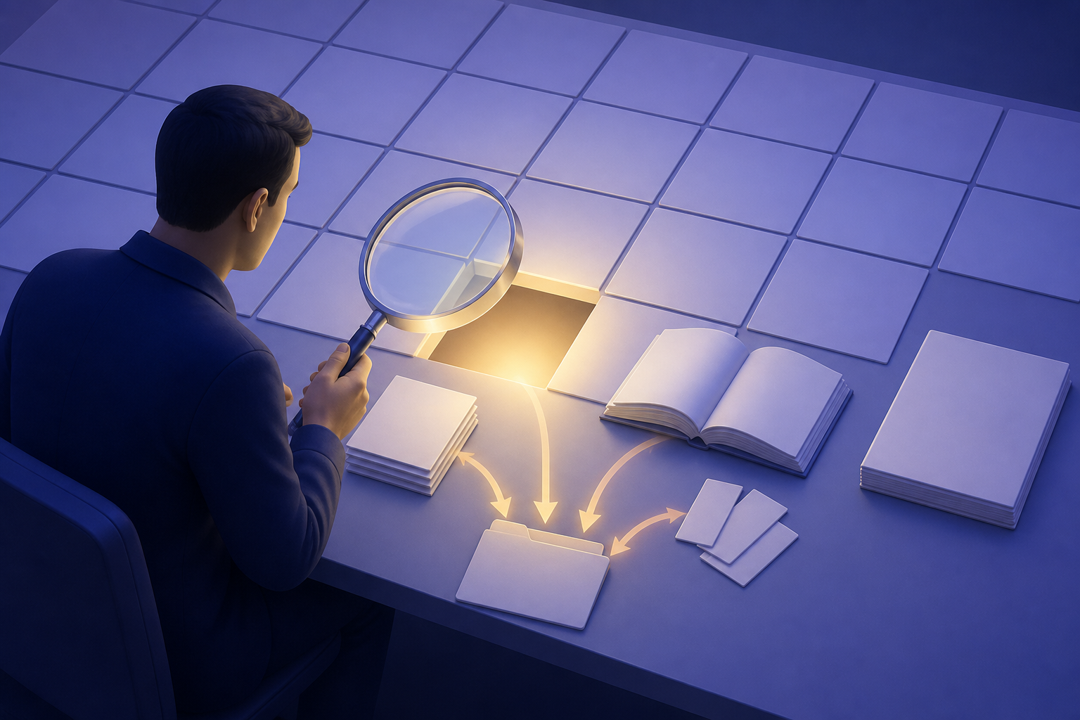 A researcher examines an illuminated empty space among knowledge tiles while source materials collect into a brief folder.