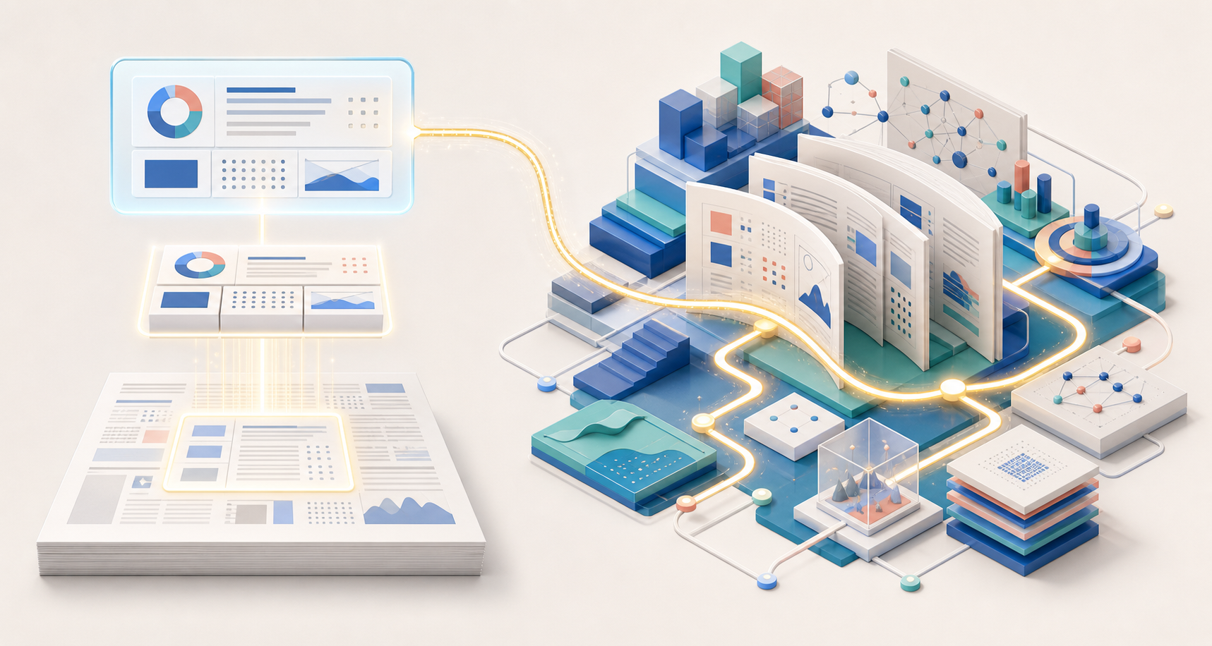 A concise content module moves from a larger web page into an abstract AI answer panel beside a richer page with supporting material and exploration paths.