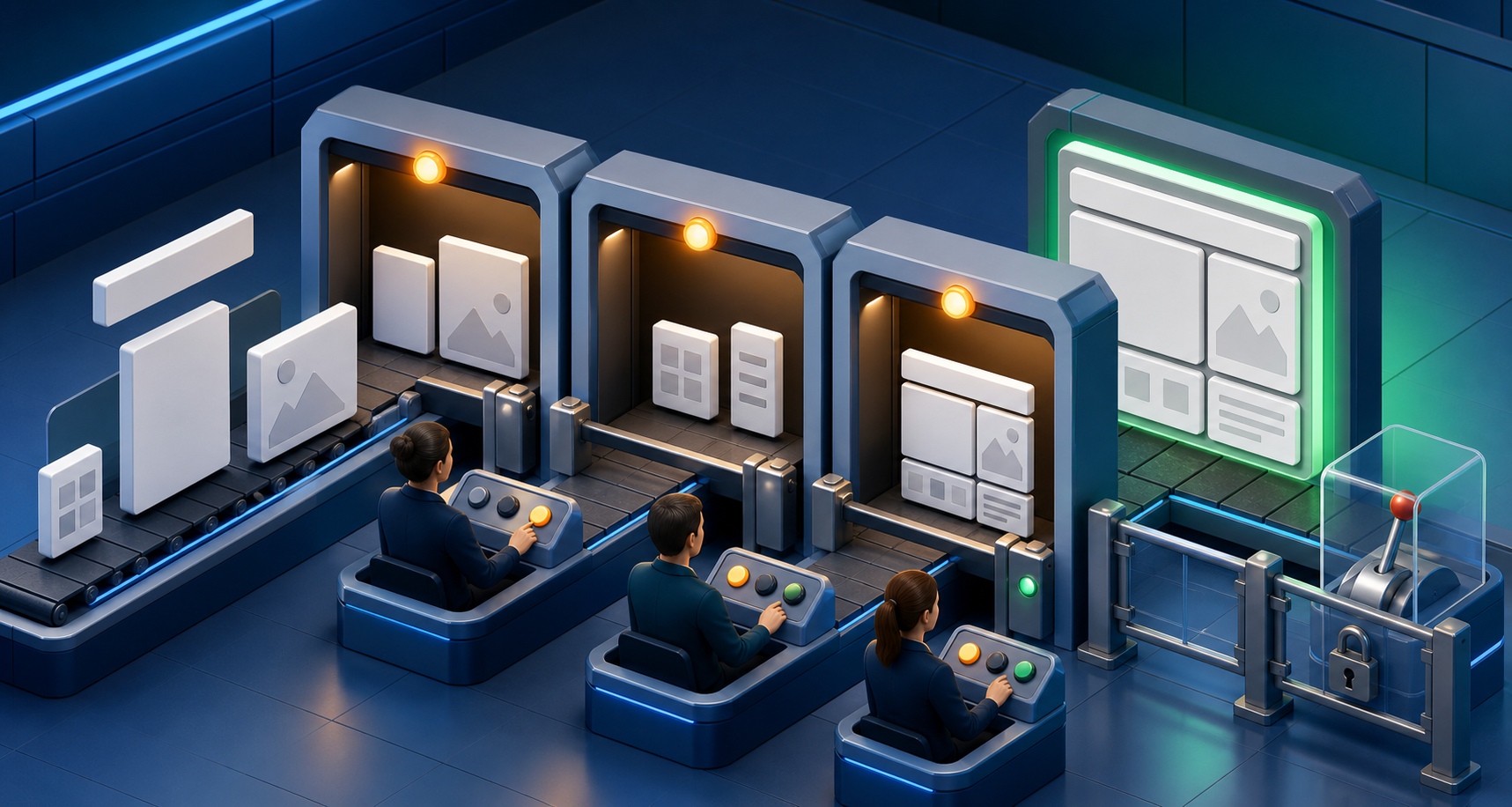 Blank content modules move through separated editorial review gates before assembling into a complete CMS page.