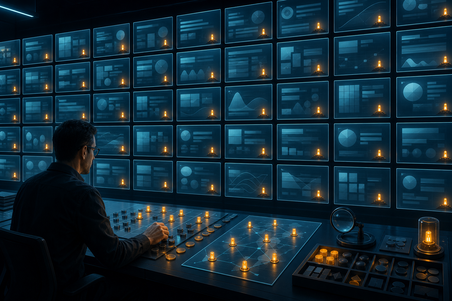 An analyst reviews a matrix of abstract answer panels in which the same amber source marker appears repeatedly across multiple results.