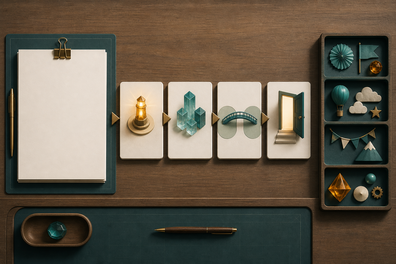 A blank pitch page is separated into symbolic modules for news value, evidence, relevance, and a next step on a worktable.