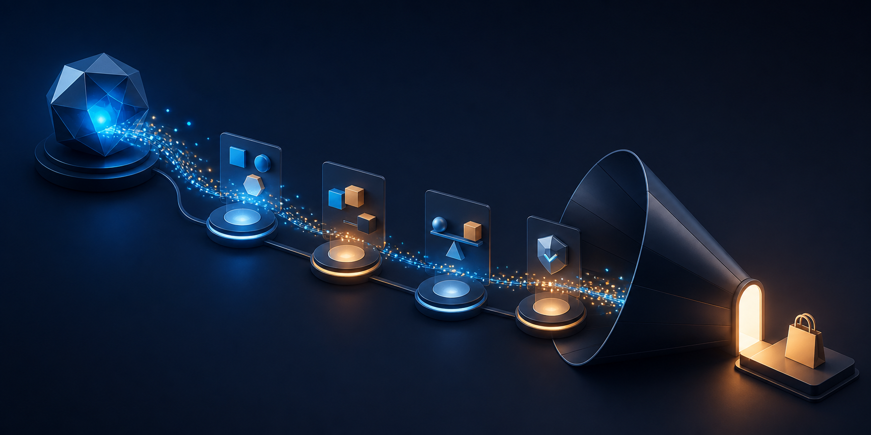 A narrow stream of glowing particles travels from an abstract AI node through connected decision checkpoints into a bright doorway at the end of a funnel.