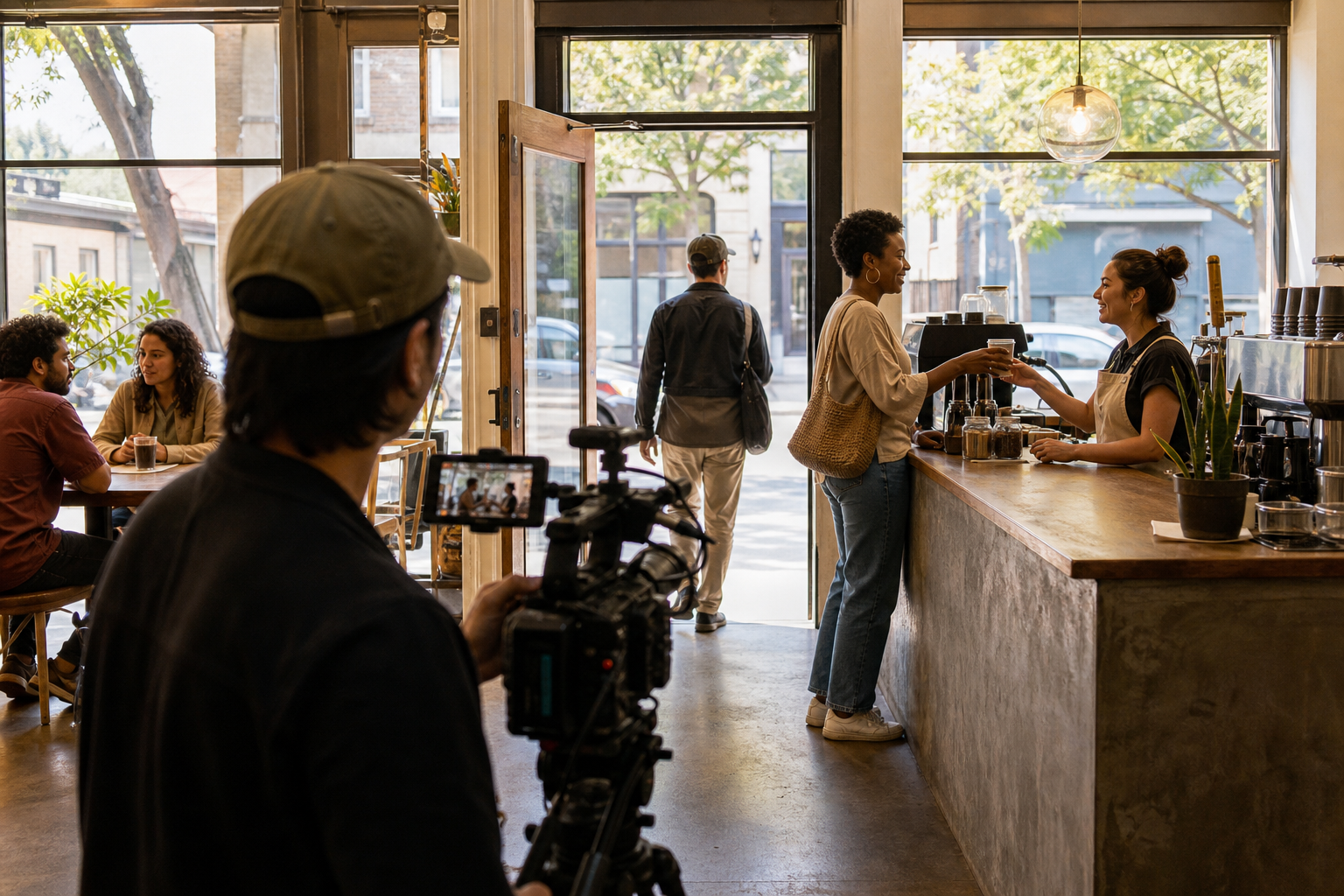 A camera operator films the entrance, counter, staff, and customers inside an unbranded neighborhood cafe.
