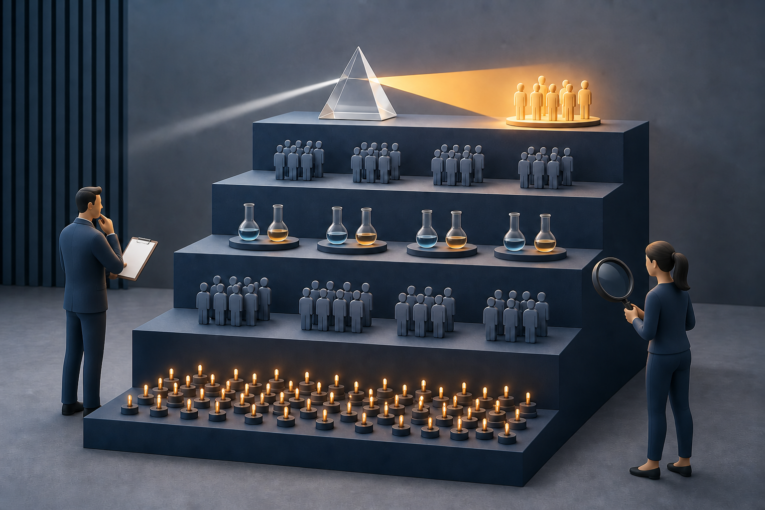 Two analysts inspect a five-level staircase containing signal lights, matched customer groups, test vessels, and a prism illuminating a new group.