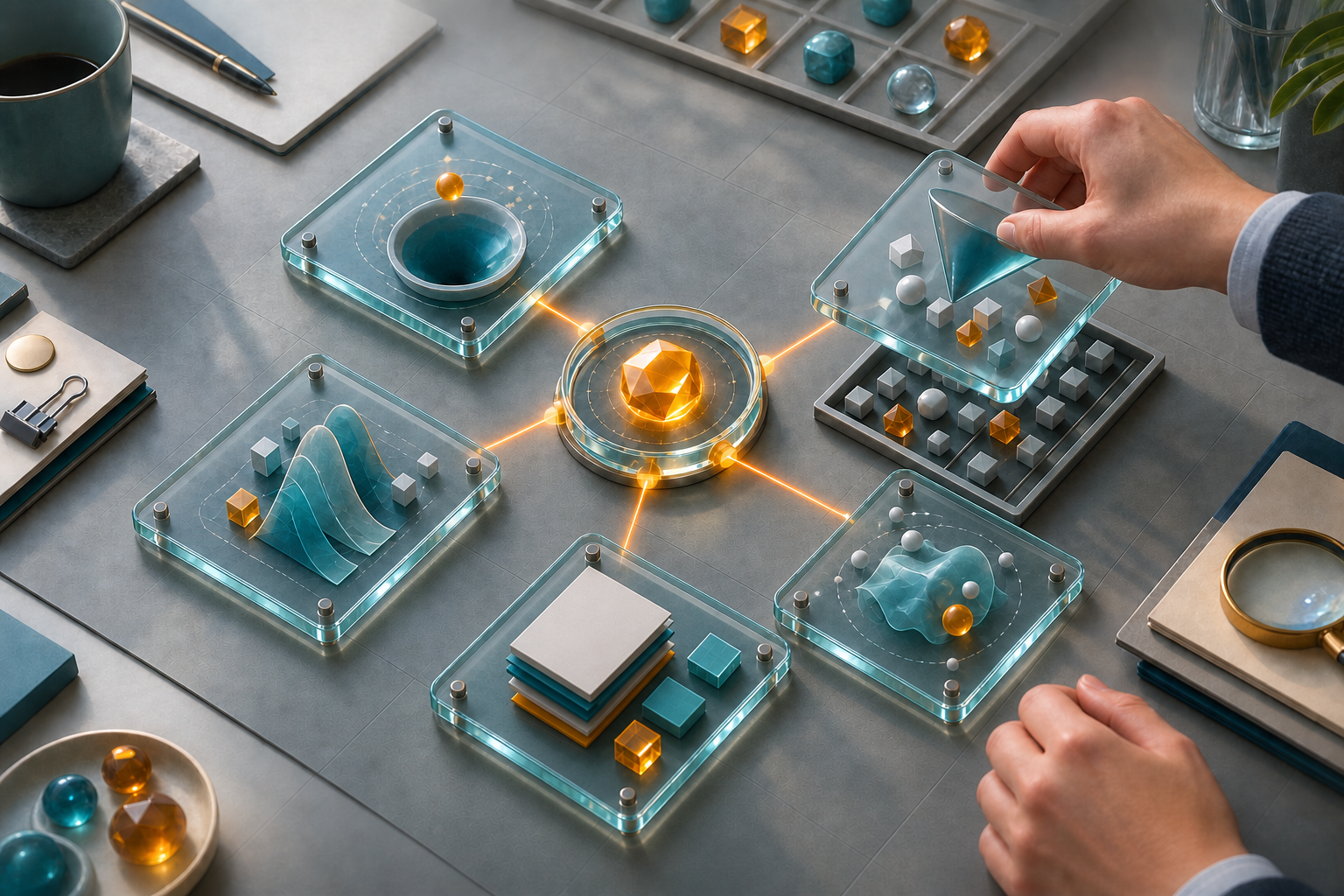 Hands arrange transparent evidence tiles linked to a central token, with one tile lifted to reveal the granular pieces beneath it.