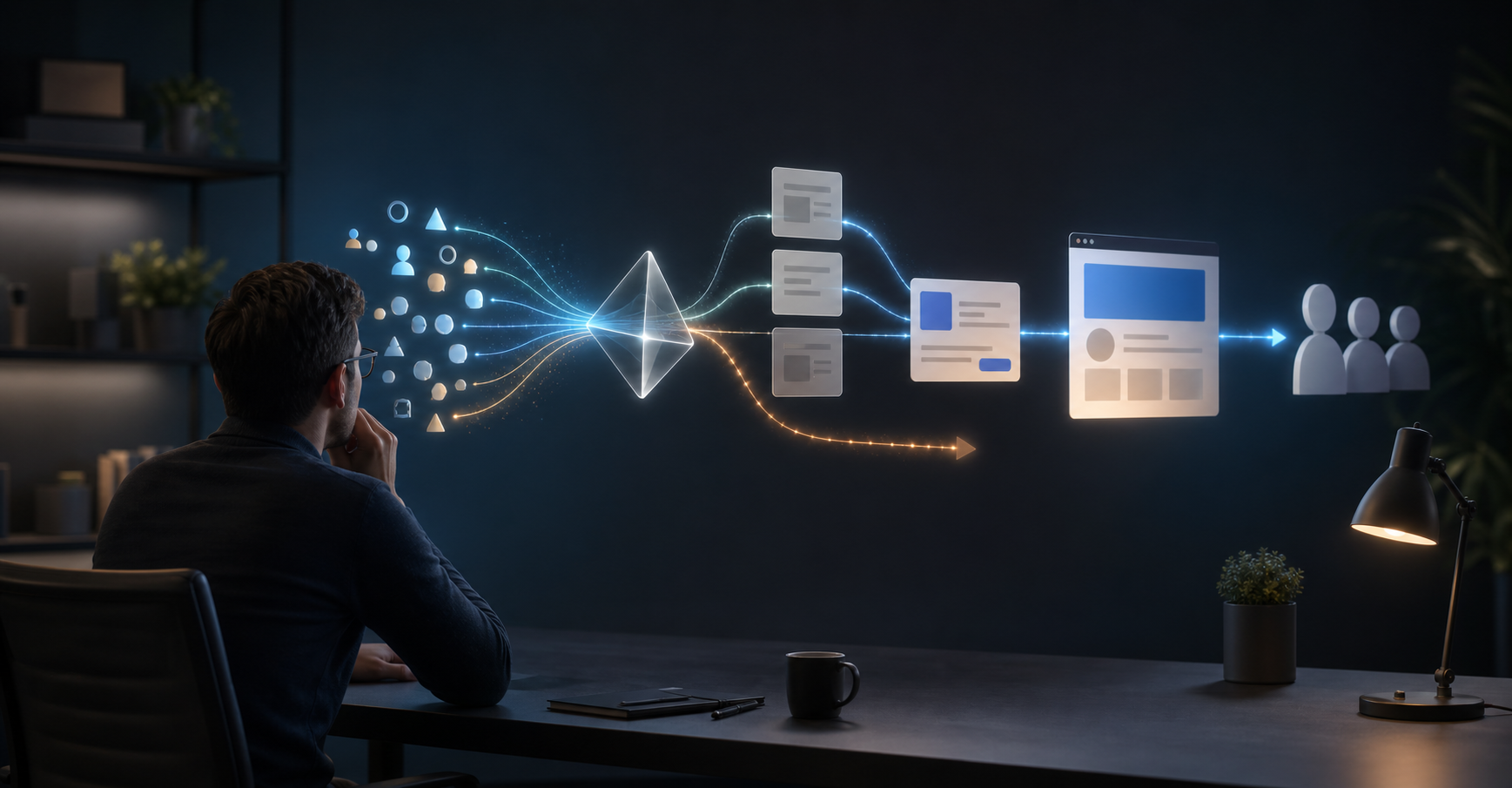 A marketer examines a glowing path connecting an AI prism with information sources, an advertisement, a landing page and customer silhouettes.