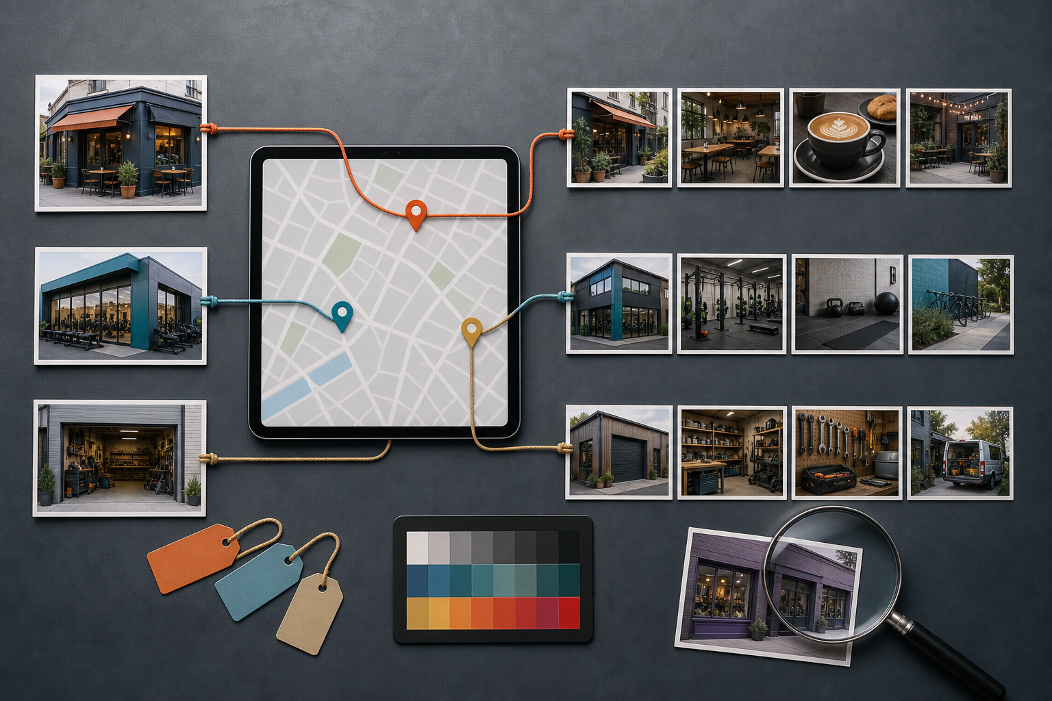 Business photo thumbnails are connected by colored cords to matching pins on a generic map, while one mismatched image is set aside for review.