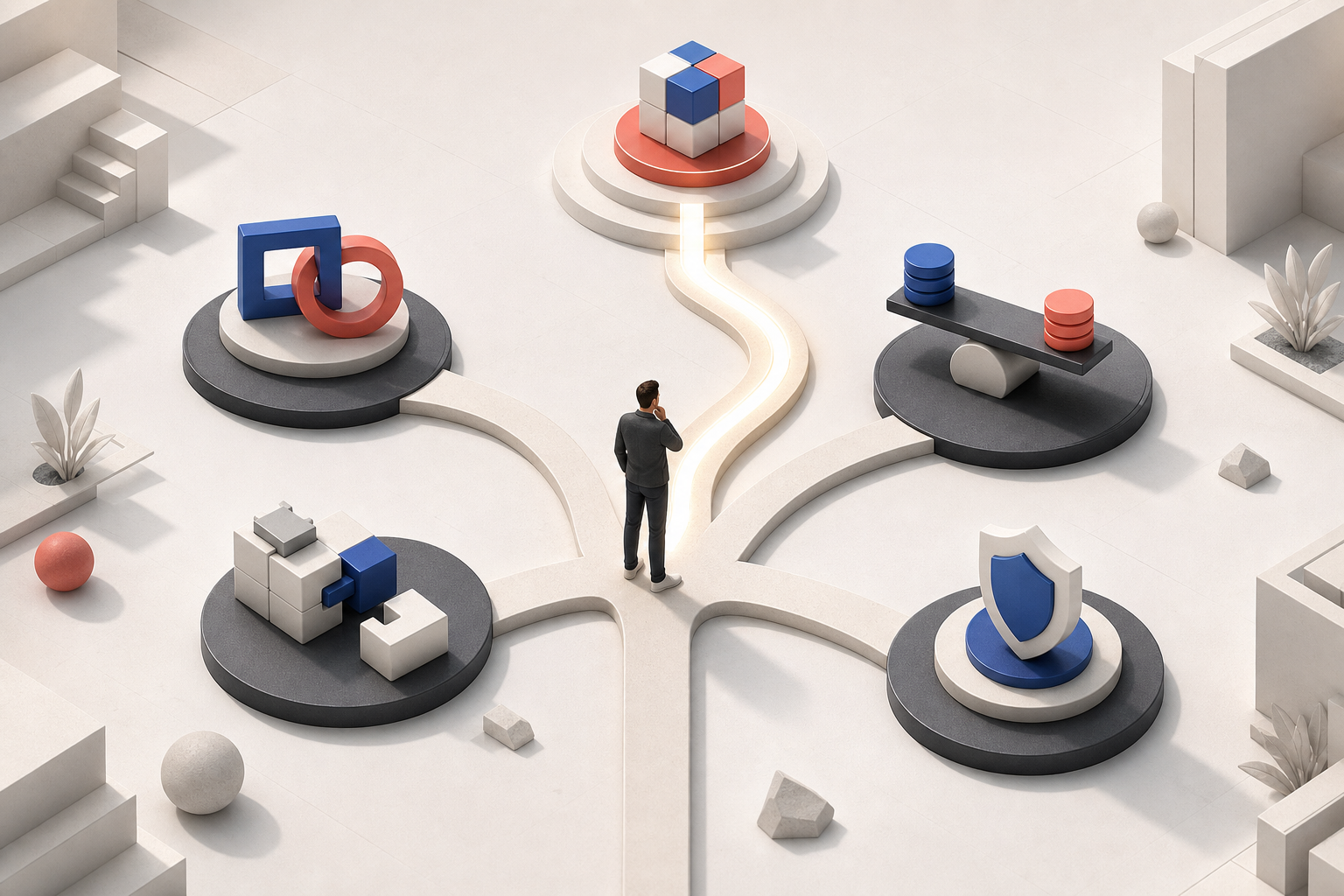 A buyer stands among several symbolic decision stations as their branching research paths merge into one clear route toward a product pedestal.