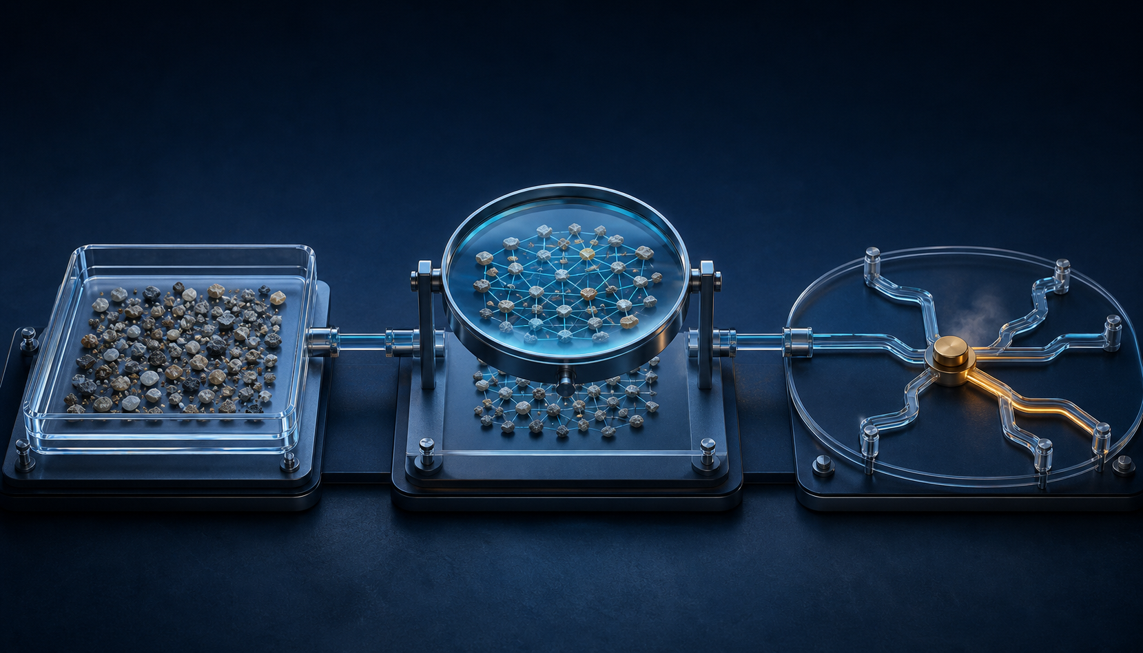 Three connected workbench stations show raw data pieces, a lens revealing patterns, and several possible paths around a decision marker.