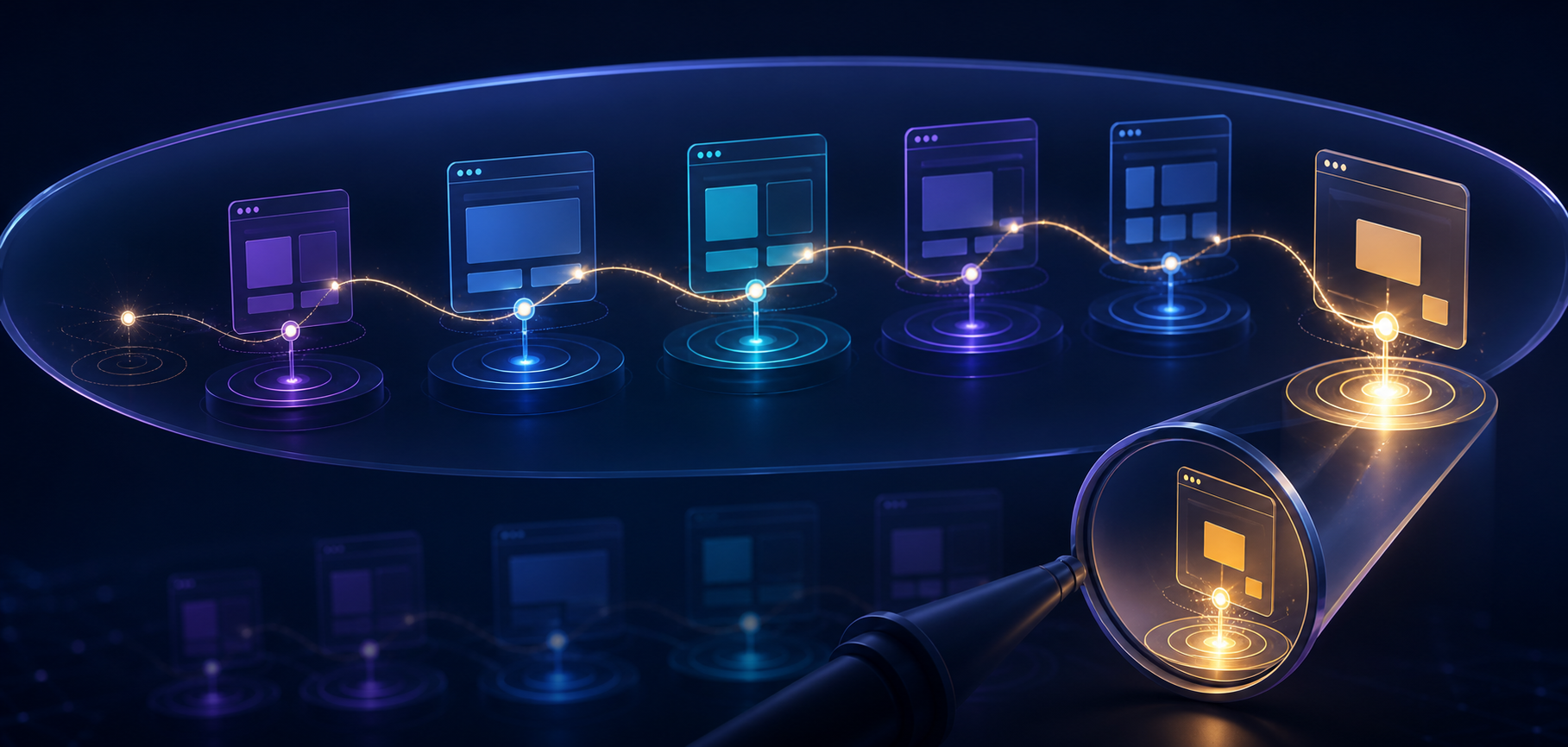 A glowing thread connects an AI referral to several visits and a final purchase, while a narrow lens highlights only the last step and a wider lens reveals the full journey.
