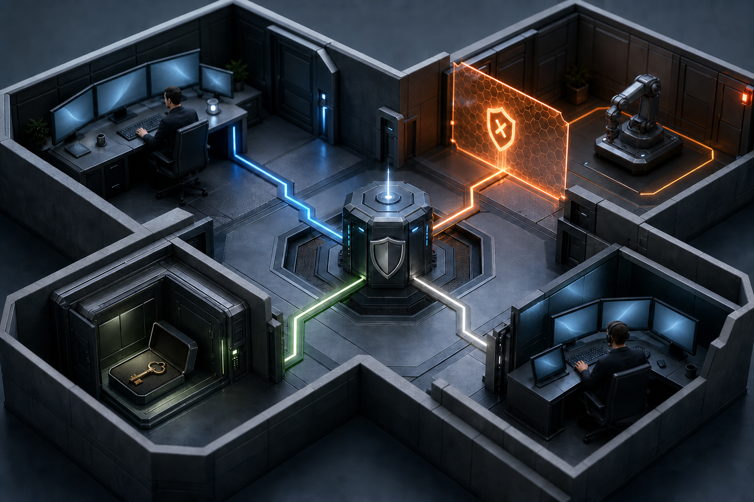 A cutaway security system shows human, automated, and recovery access routes converging on one gateway, with one route blocked and a backup route remaining open.