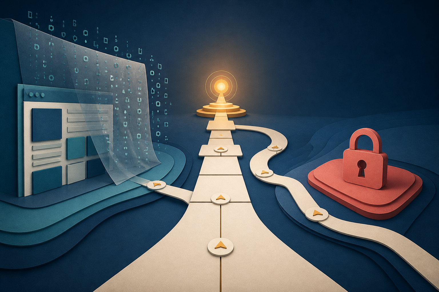 An abstract pathway to a glowing beacon passes a partially obscured web page on one side and a locked vocabulary tile on the other.