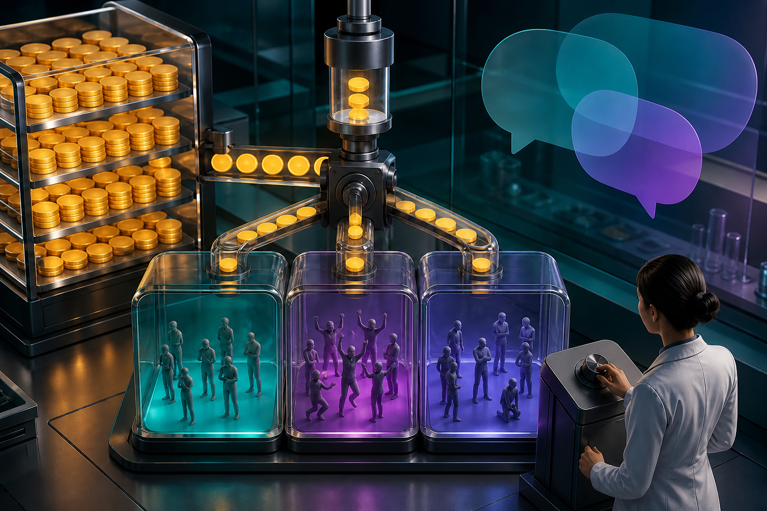 A researcher directs a measured stream of budget tokens into three transparent chambers testing abstract conversational ad experiences with anonymous audiences.