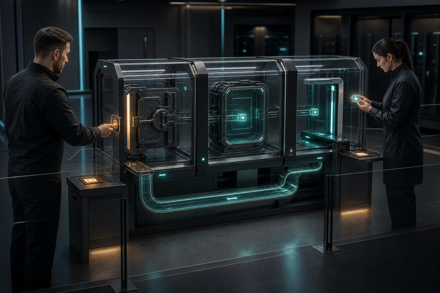 Two specialists approve access and inspect a digital event as it passes through secure testing, monitored release, and rollback stages.