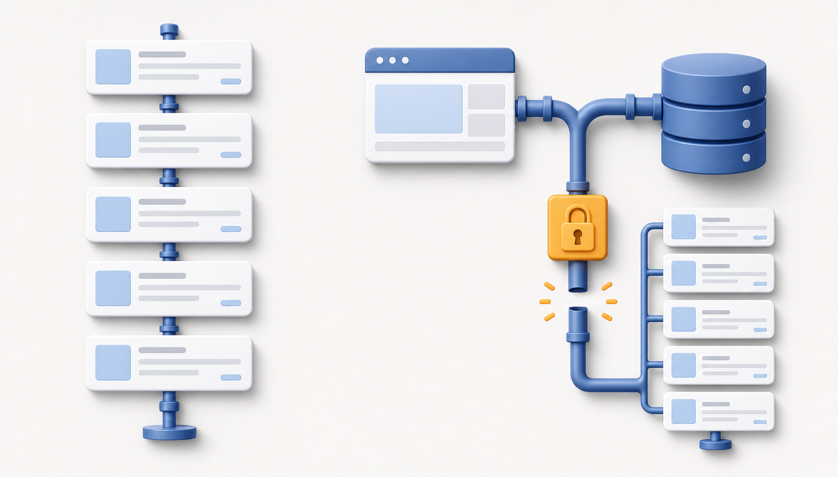 A split scene contrasts stable search-result cards with a data-collection pipeline interrupted by a locked checkpoint.