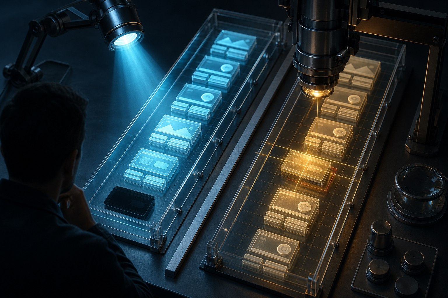A digital workbench uses separate illuminated lanes to inspect website fact modules for discoverability and consistency.