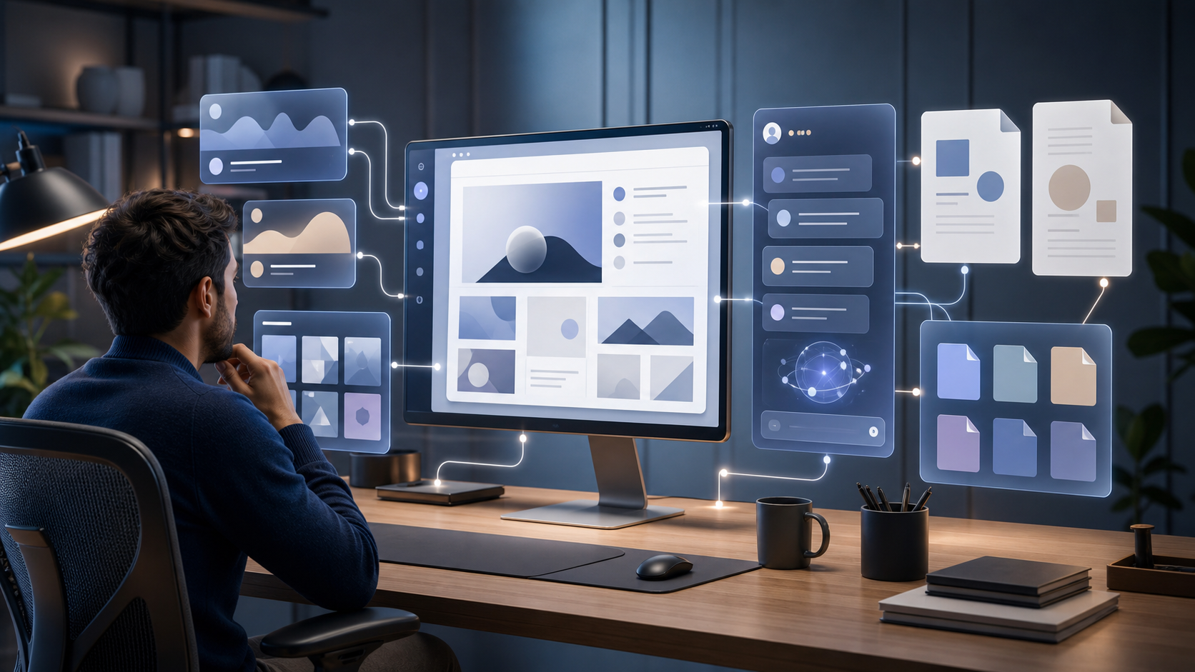 A researcher uses a desktop workspace containing an AI panel, web pages, image thumbnails, documents, and file tiles connected within one browsing session.