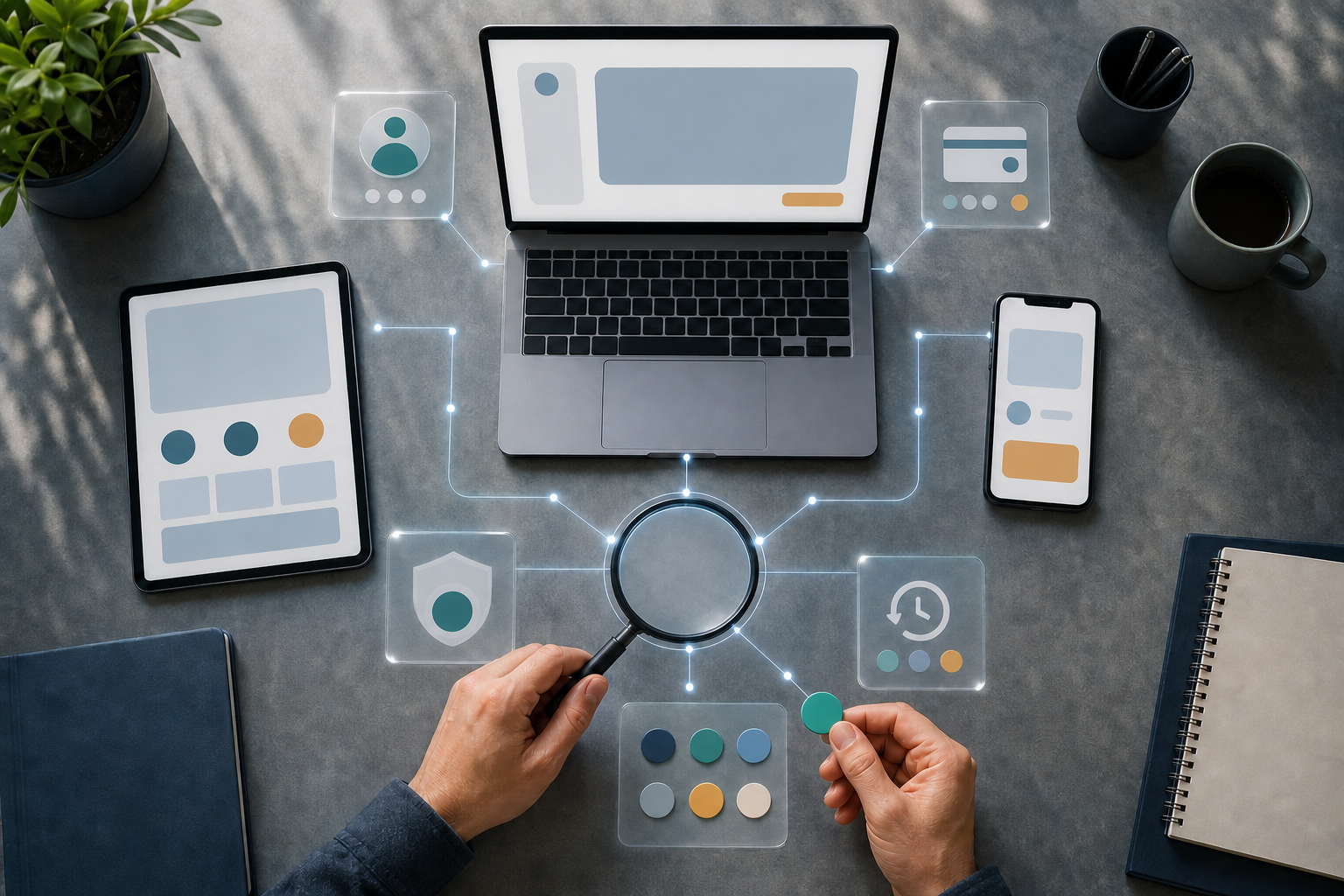 An overhead view of connected ad, landing page, checkout, account, billing, and activity elements being reviewed together on a workspace.