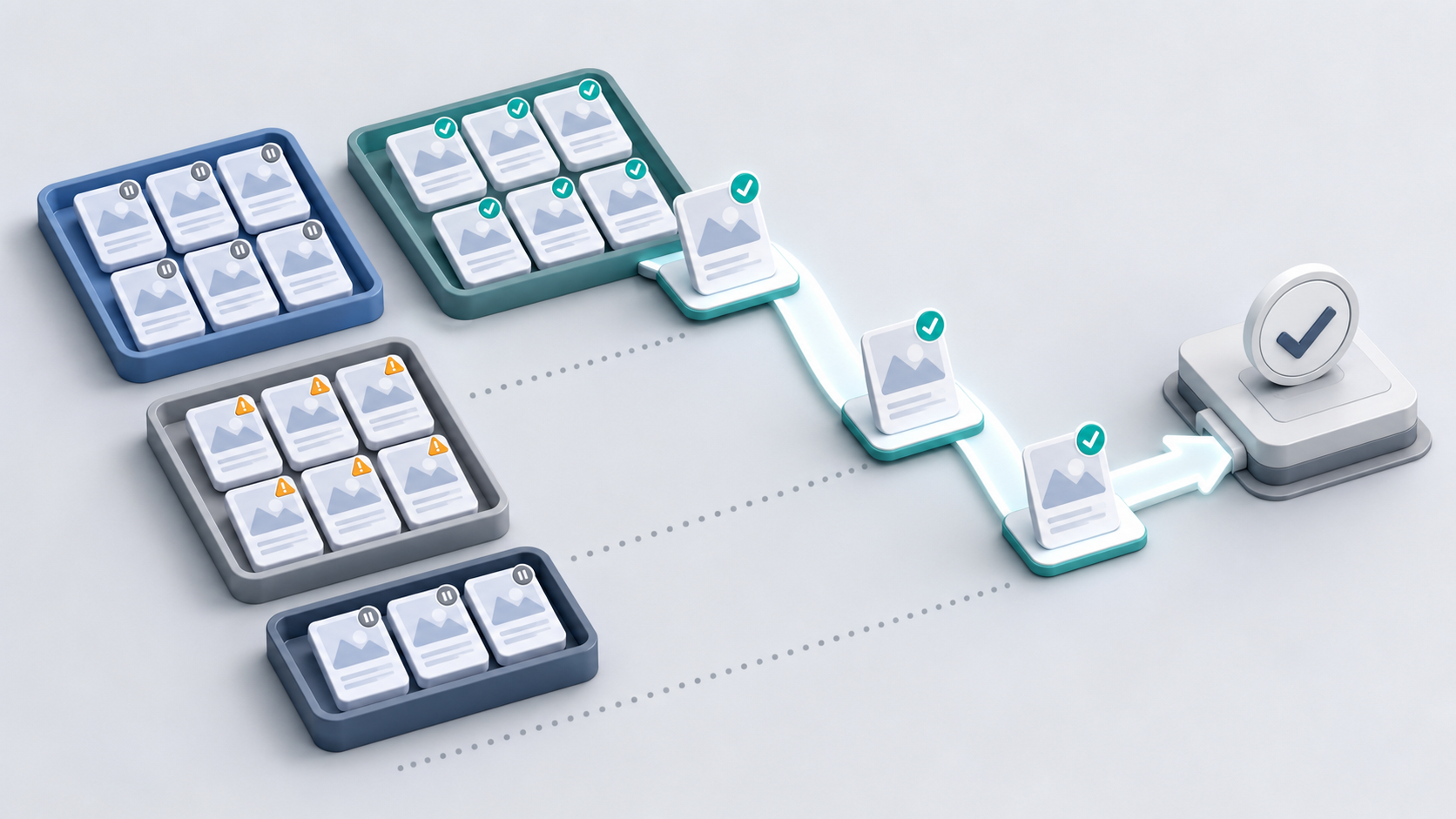 Selected digital ad cards move from organized campaign trays toward a review checkpoint while dormant and unfinished cards remain outside the appeal path.