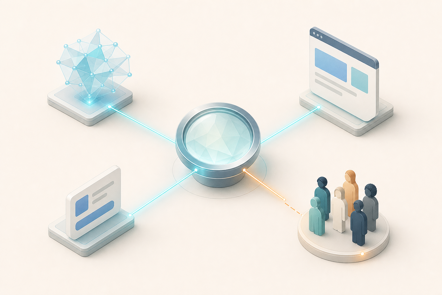 An abstract AI node, ad tile, landing page and customer group connect through a central lens, with one amber path visibly out of alignment.