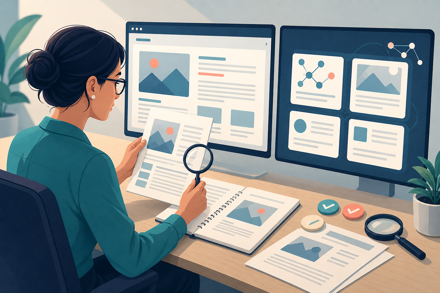 A content specialist compares an abstract AI panel with a webpage and source documents while using a magnifying glass and check tokens.