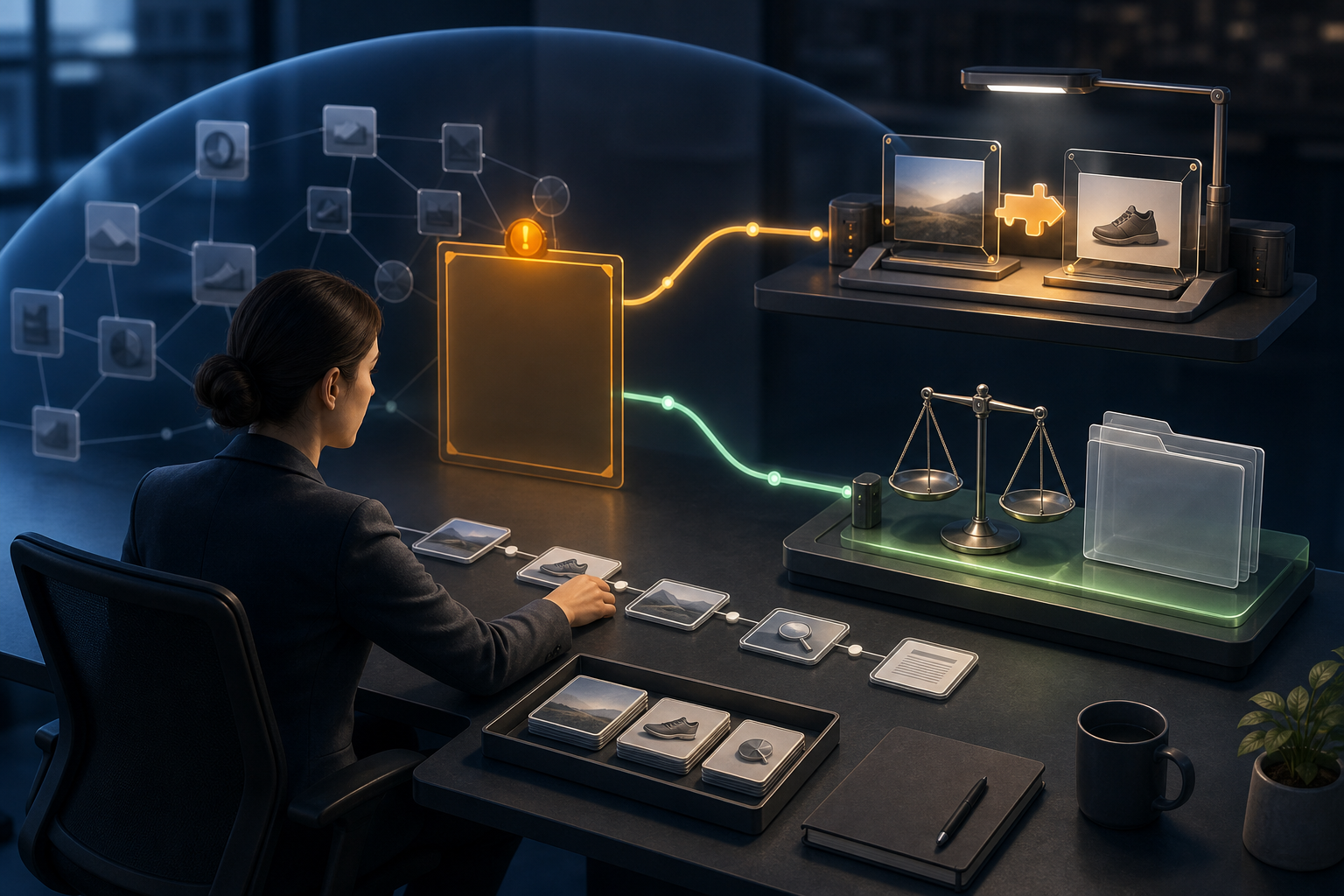 A compliance specialist organizes campaign evidence beside an amber alert while two orderly paths represent correcting an issue or requesting a review.