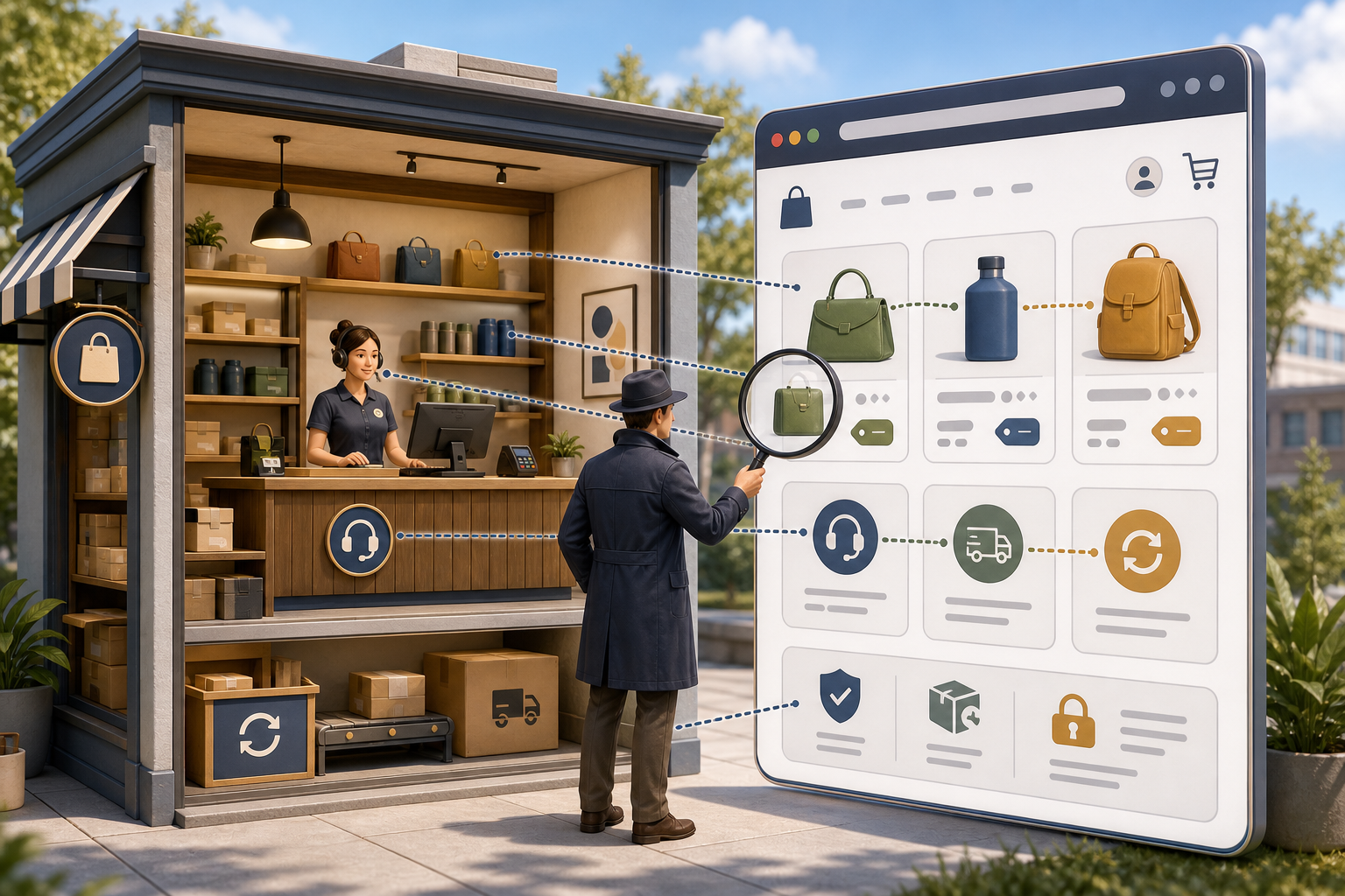 A staff member verifies an online shop against a staffed physical workspace, packaged orders, customer support equipment, and return facilities.
