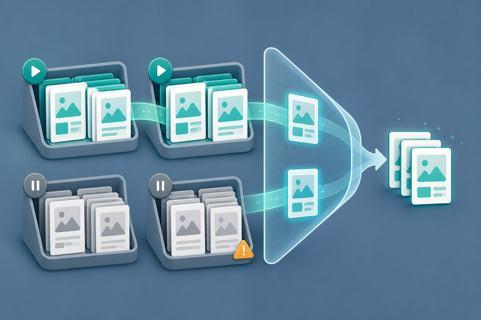 A visual filter selects eligible ad tiles from active campaign containers while muted tiles in paused campaigns remain excluded.