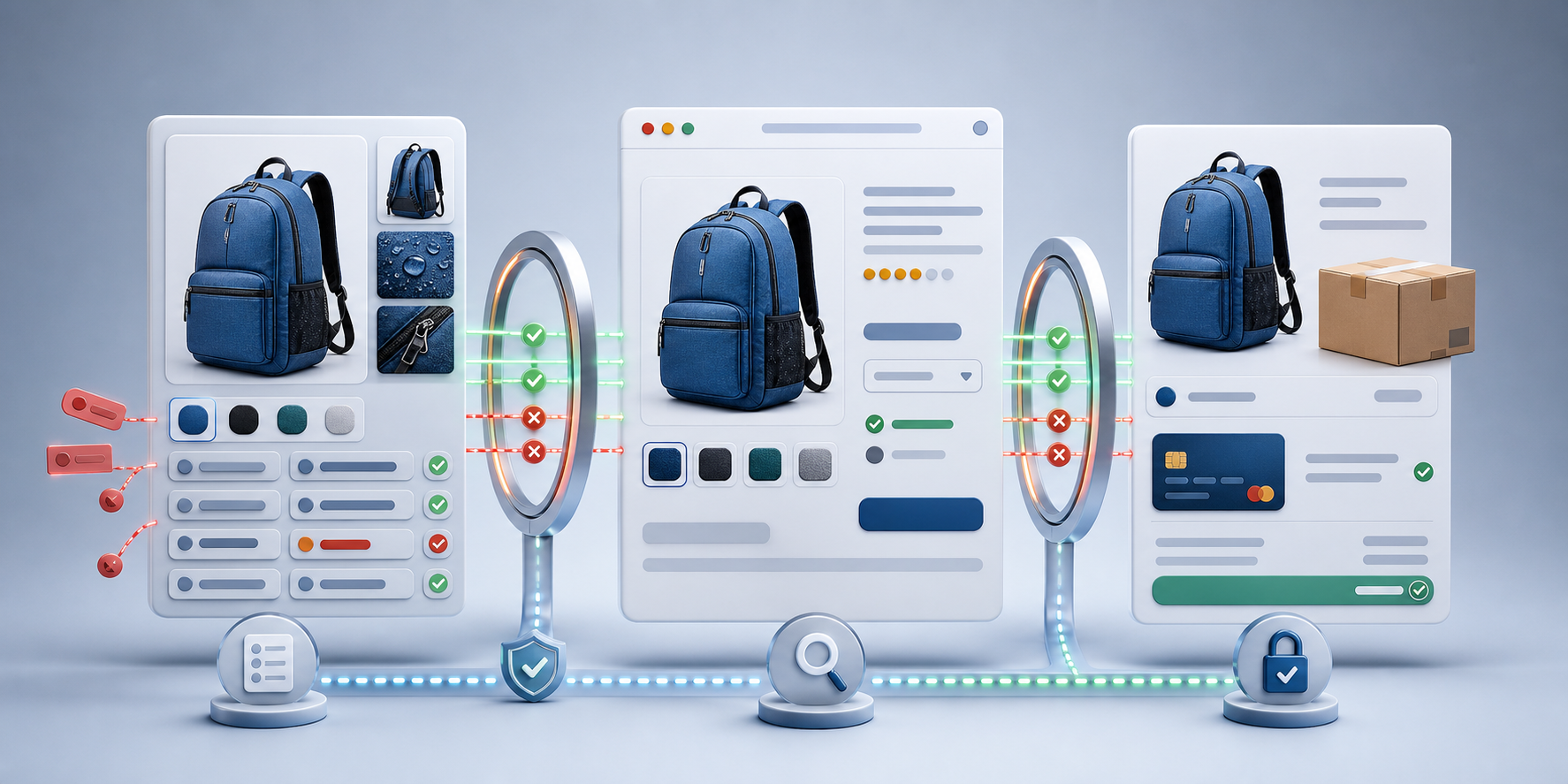 The same blue backpack is checked for consistency across a product feed interface, an online product page, and a checkout screen.