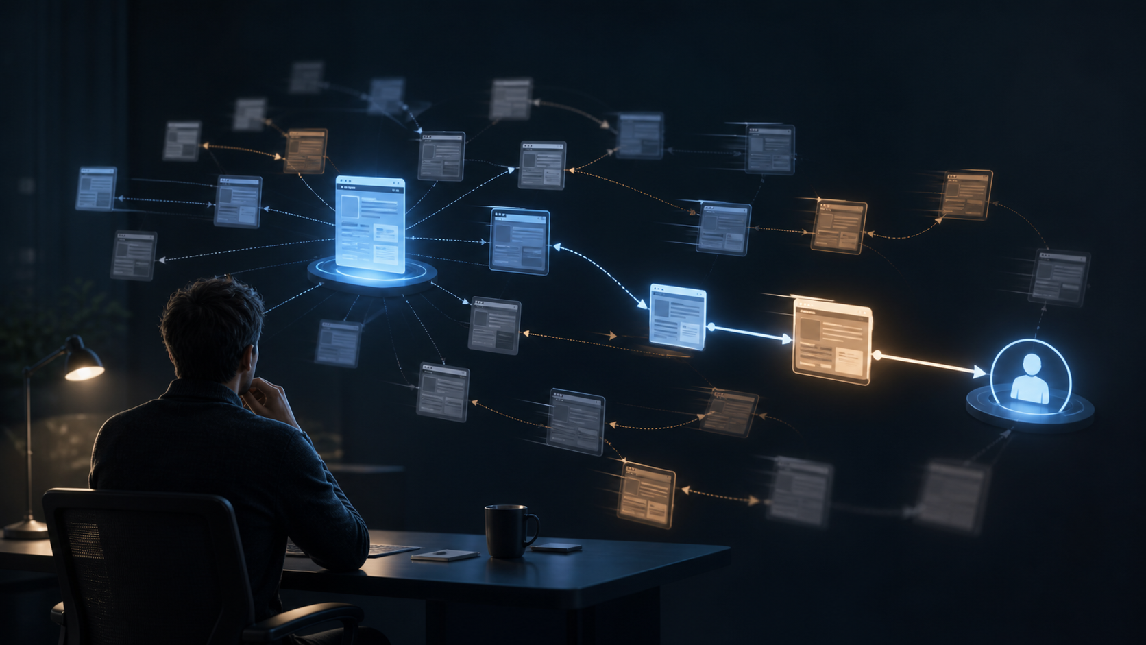 An analyst studies floating web-page tiles and illuminated paths in an abstract, shifting search ecosystem.