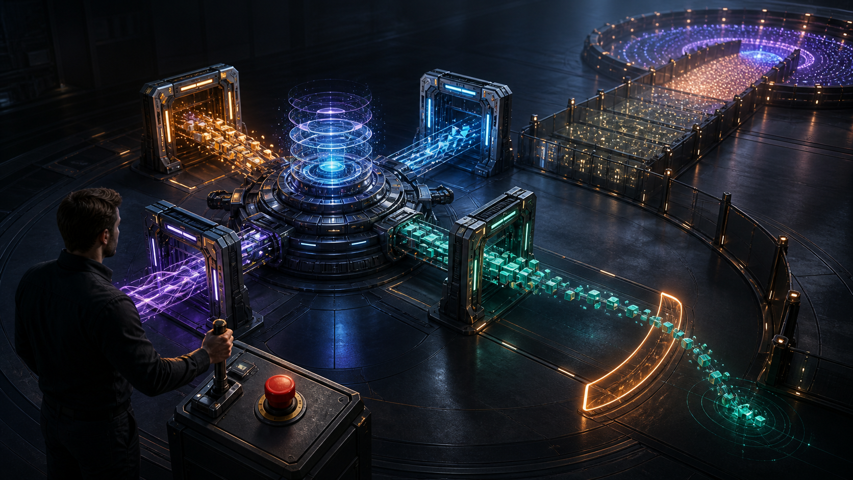 A human analyst oversees an AI campaign engine as four inspection gates contain a staged automation rollout.